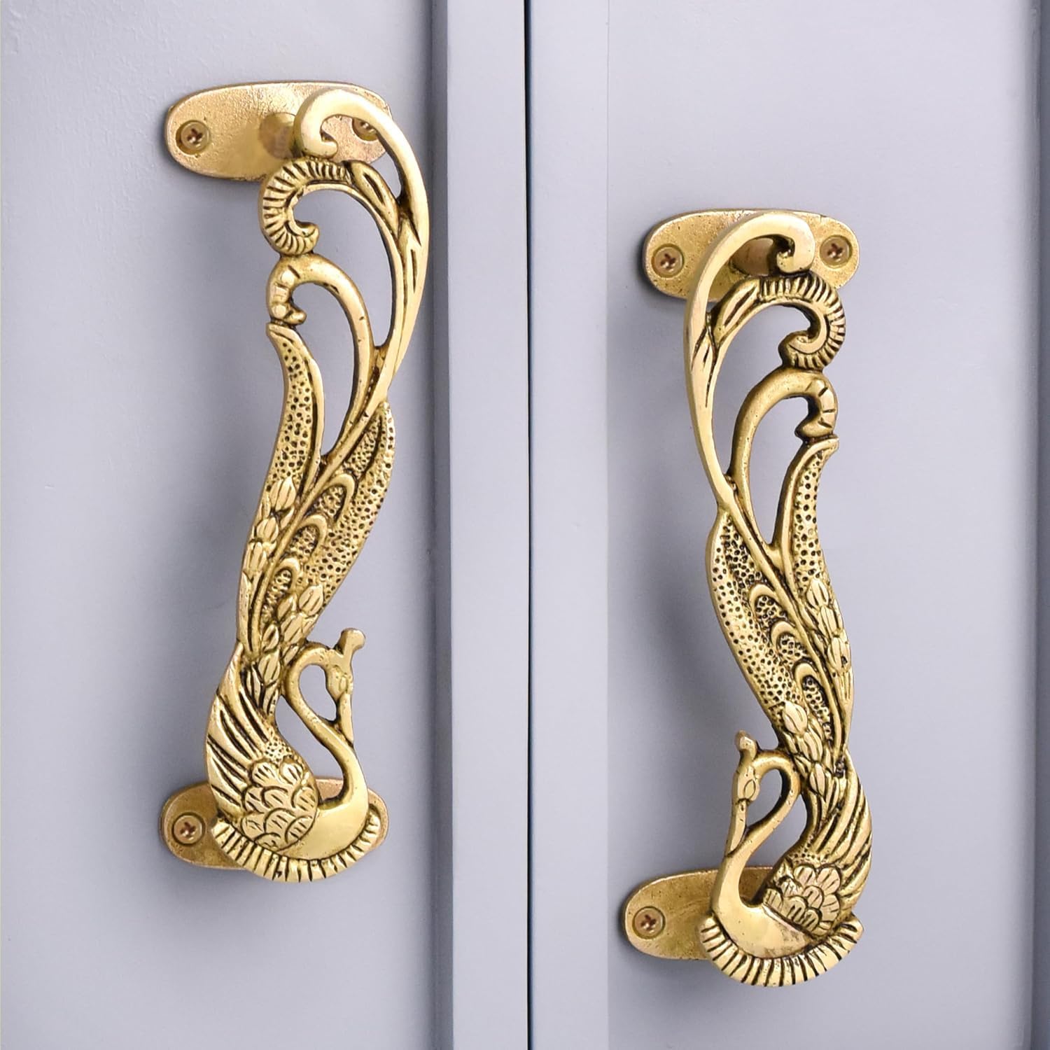 Peacock Design Brass Door Handle Pair, Antique Heavy Duty Decorative Vintage Door Handles,Pull for Dresser Cupboard Drawer Home Furniture Hardware Accessory, 11 Inches (Right Side)