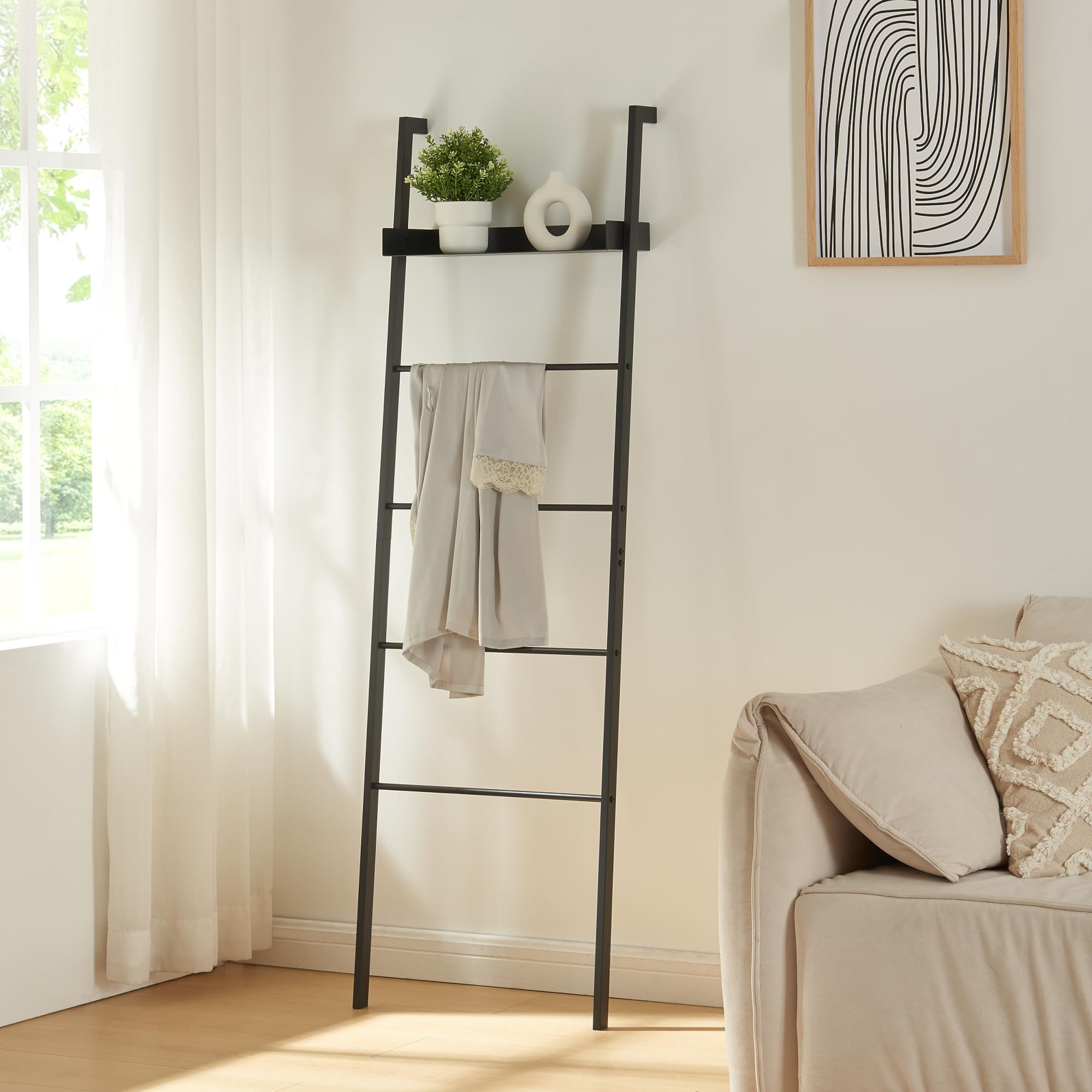 [en.casa] Toallero de Baño Escalera Øksnes con 4 Peldaños y 1 Estante Estantería de 5 Niveles para Colgar Toallas Paños de Cocina Ropa Accesorios Baño de Acero 160x50x27,5cm - Negro