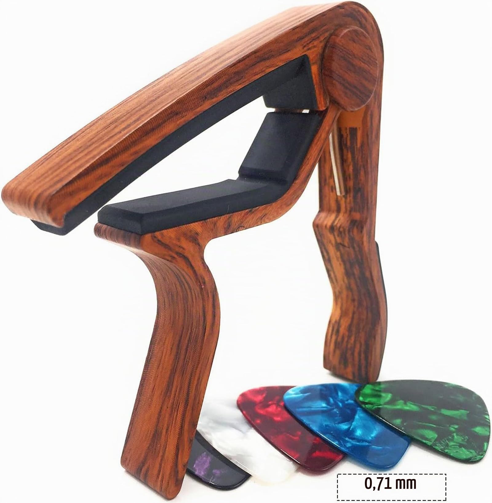 WiNGO Capodastre Guitare, Alliage Capo de Guitare Pour 6 Cordes Folk Guitare, Guitare Electrique et Acoustique Ukulélé, Mandoline et Banjo Avec 5 Médiators, Couleur Bois.