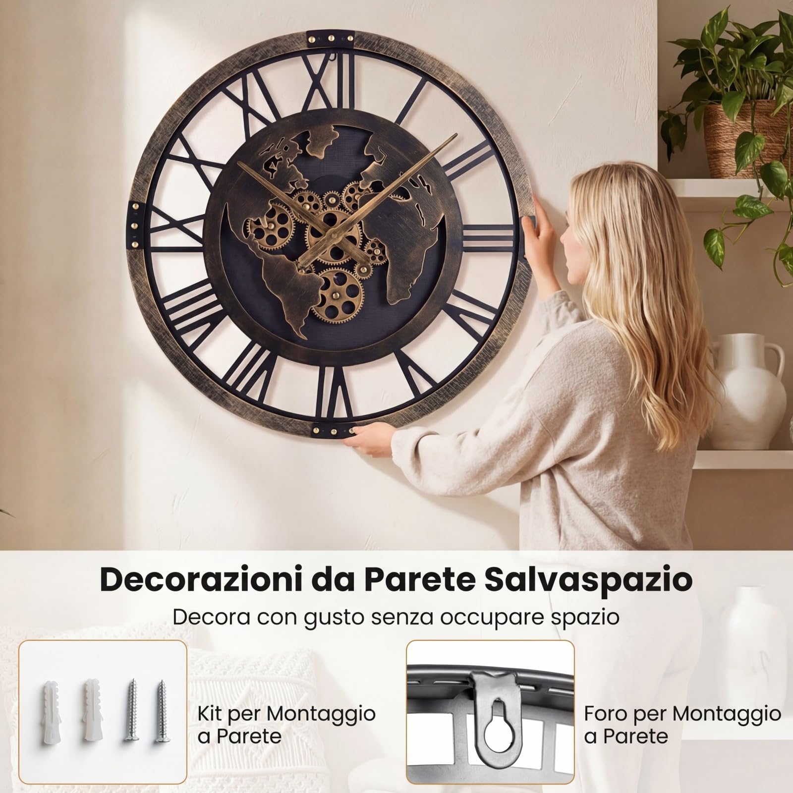 COSTWAY Grande Orologio da Parete 68 cm a Ingranaggi con Mappa del Mondo | Orologio in Metallo Decorativo Silenzioso per Soggiorno Camera da Letto Cucina