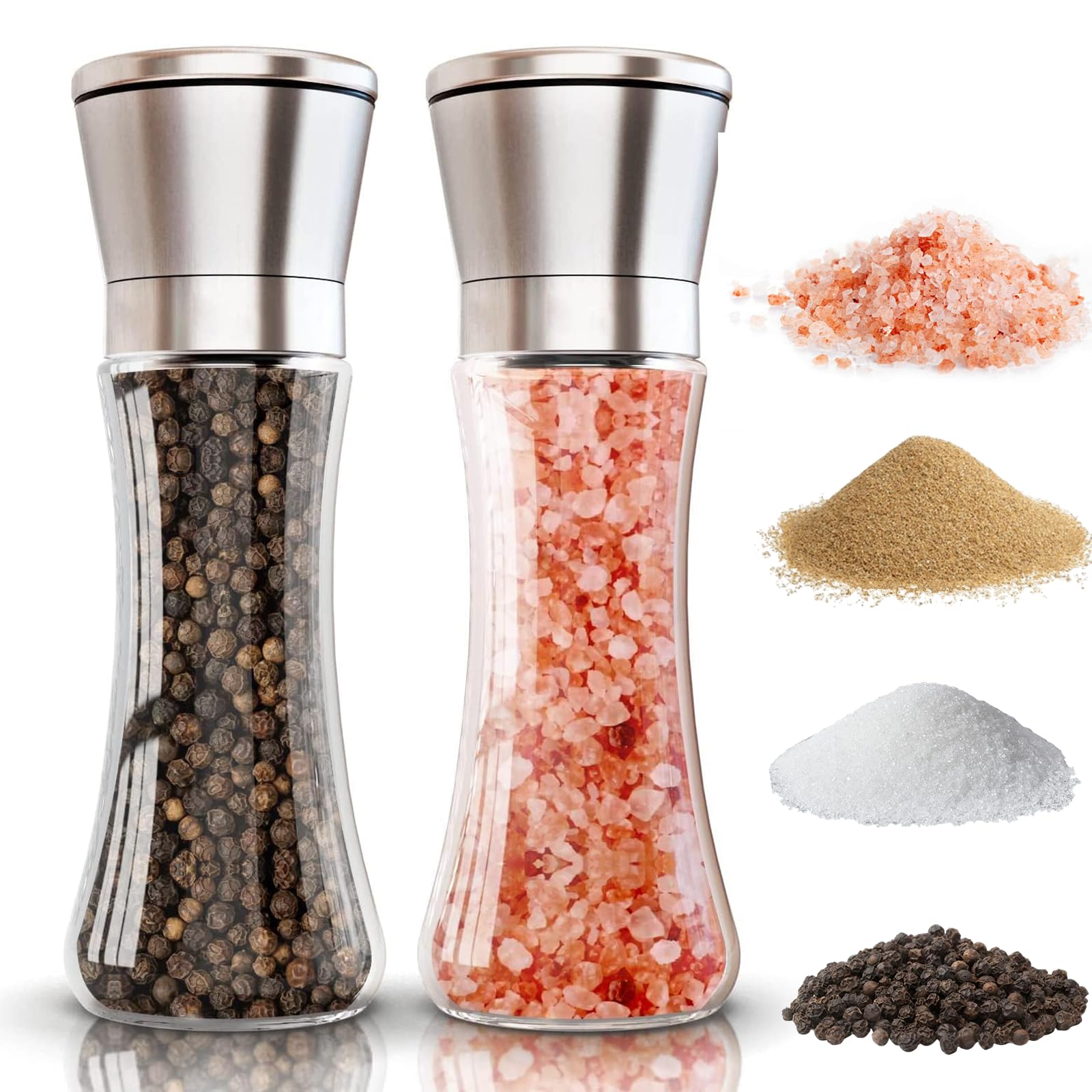 Salt and Pepper Grinder Set, 2 Pack 200ml Manual Mill Grinders, Adjustable Coarseness Glass Body Shaker, Refillable Stainless Steel Salt and Pepper Shakers for Coarse & Fine Grinding