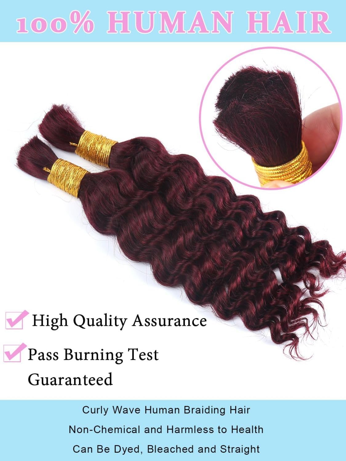 Sexycat Deep Curly Human Braiding Hair for Boho Braids 2 Bundles 14 Inch 100g,#99J Burgundy Water Wave Bulk Human Hair for Micro Braiding Wet and Wavy Human Hair Extensions - Image 3