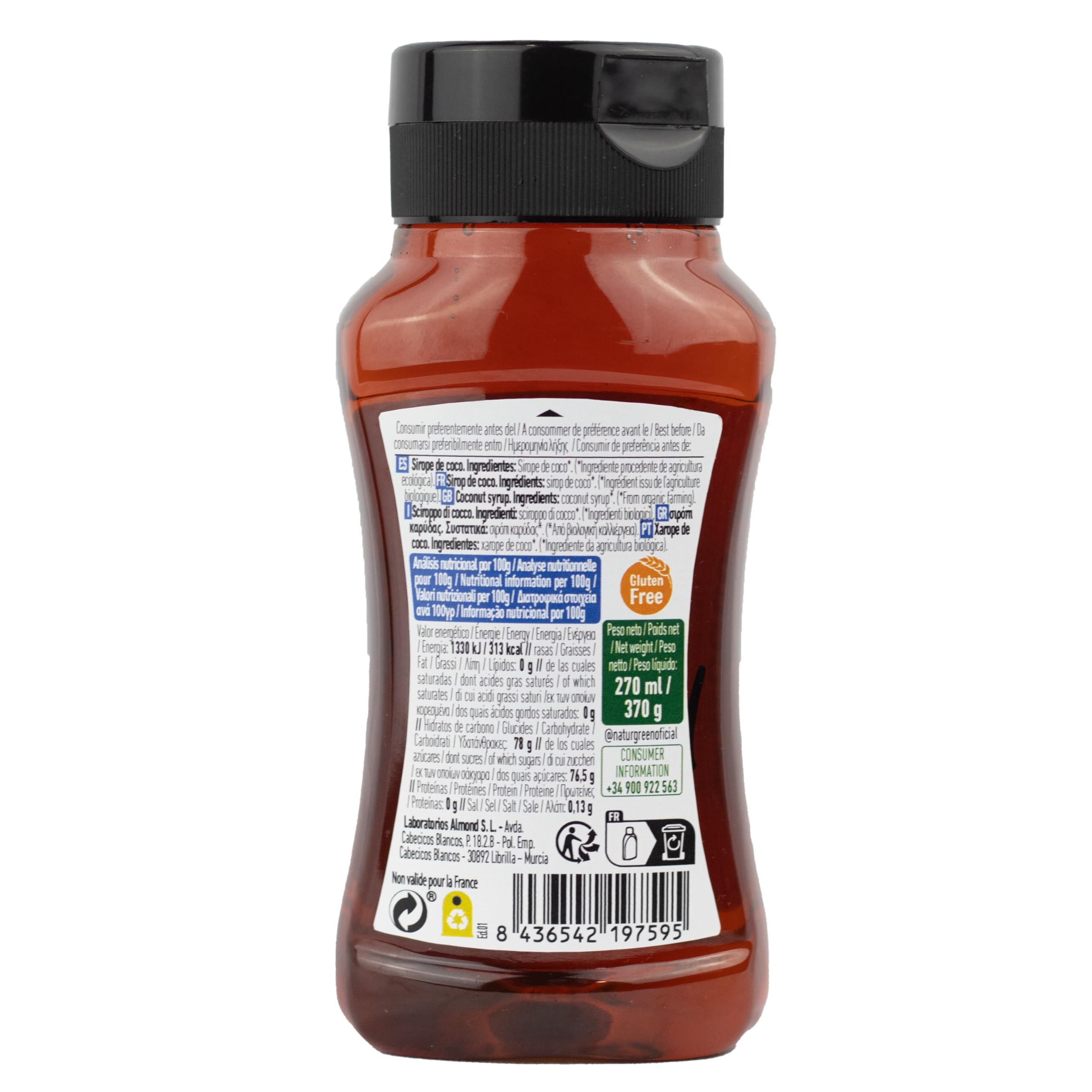 NaturGreen Sirope de Coco BIO Jarabe de Coco Dark Ecológico Bajo Índice Glucémico Edulcorante Vegano Sin Gluten - 255 ml/350g