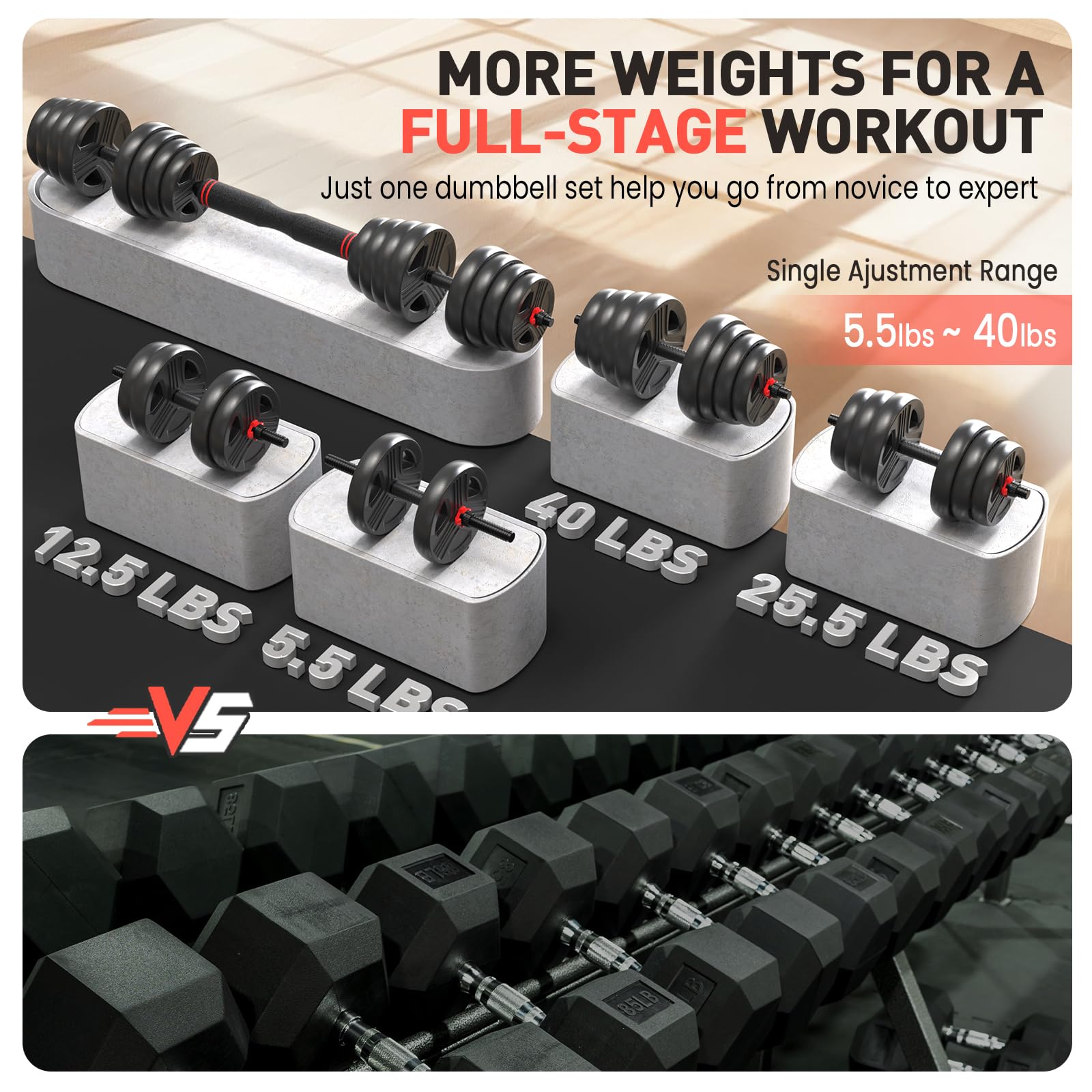 FDS4 Adjustable Dumbbell Set, 20/30/40/60/80 lb Free Weight Set with Connector, 3-in-1 Design for Dumbbell, Barbell, and Weight Plate Training, Home Gym Fitness Equipment for Men and Women