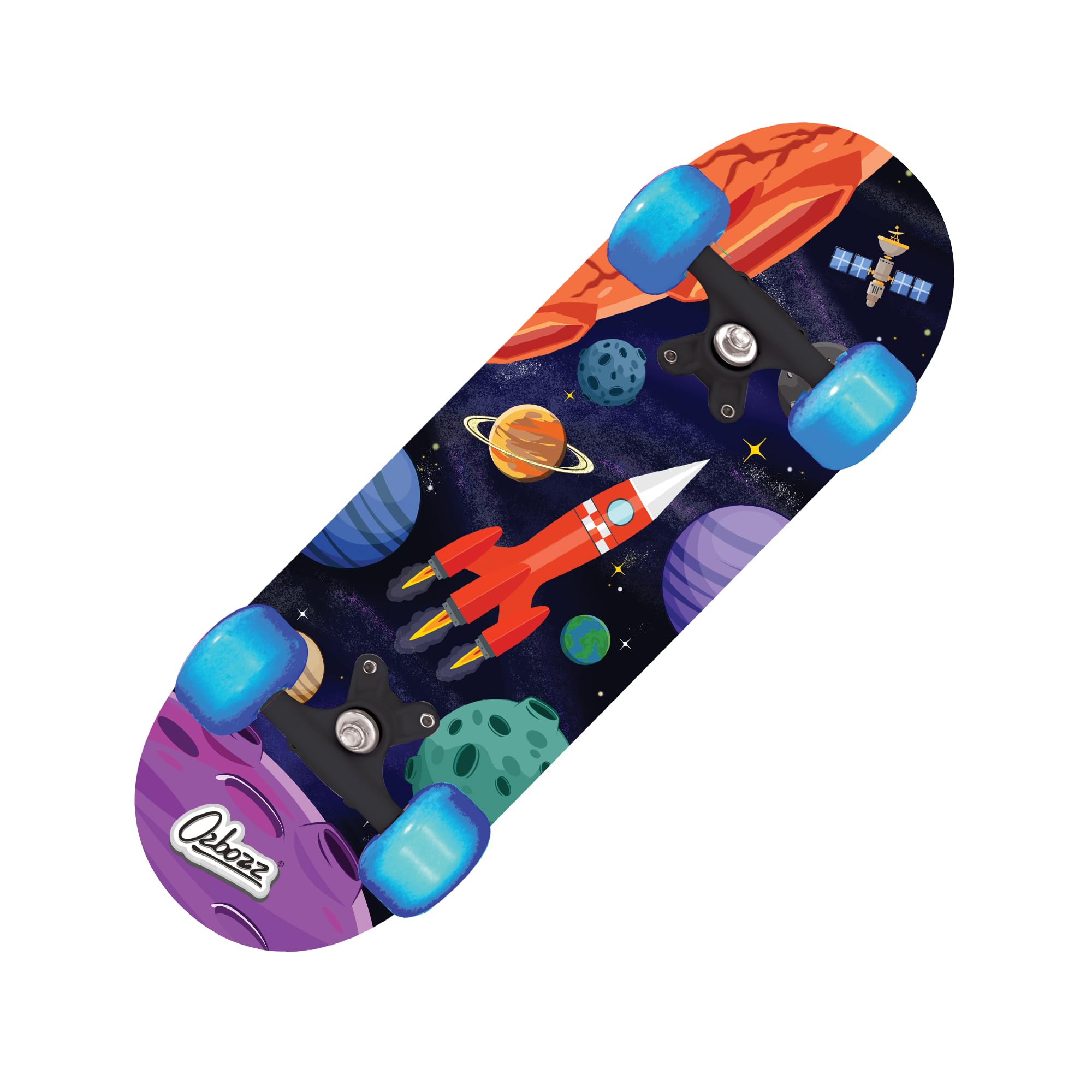 OzBozz SPACE SKATEBOARD WITH FLASHING WHEELS- 17 INCH-Wheels Light Up When Moving, Assorted Designs and Colours