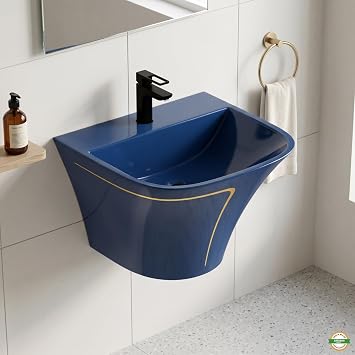 InArt Rectangular Slim Rim Blue Glossy Ceramic Vessel Sink, Wall Mounted Half Pedestal Bathroom Basin, Space-Saving Designer Look, 19.7 W x 17.3 D x 15.4 H in