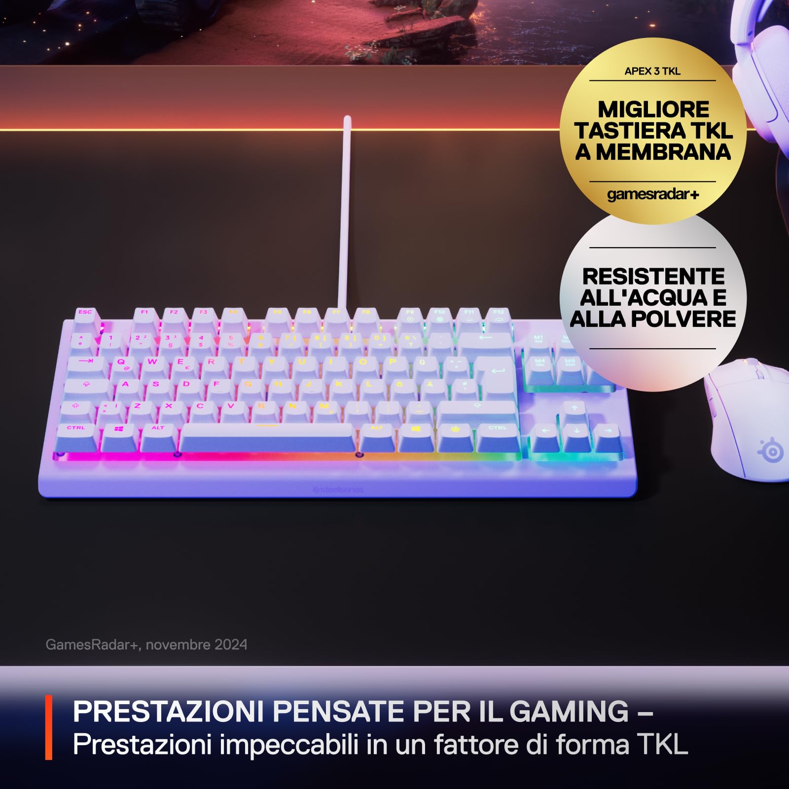 SteelSeries Apex 3 TKL - Tastiera Gaming Lavanda - Fattore di forma compatto senza tastierino - Illuminazione RGB a 8 zone - Resiste ad acqua e polvere - Switch da gaming super silenziosi - UK QWERTY