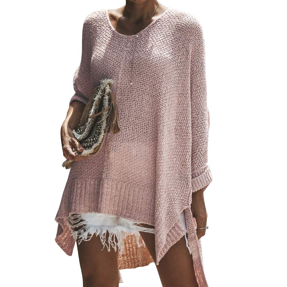 EXLURA Women's Casual V Neck Loose Oversized Pullover Sweater High Low Knitted Jumper Pink