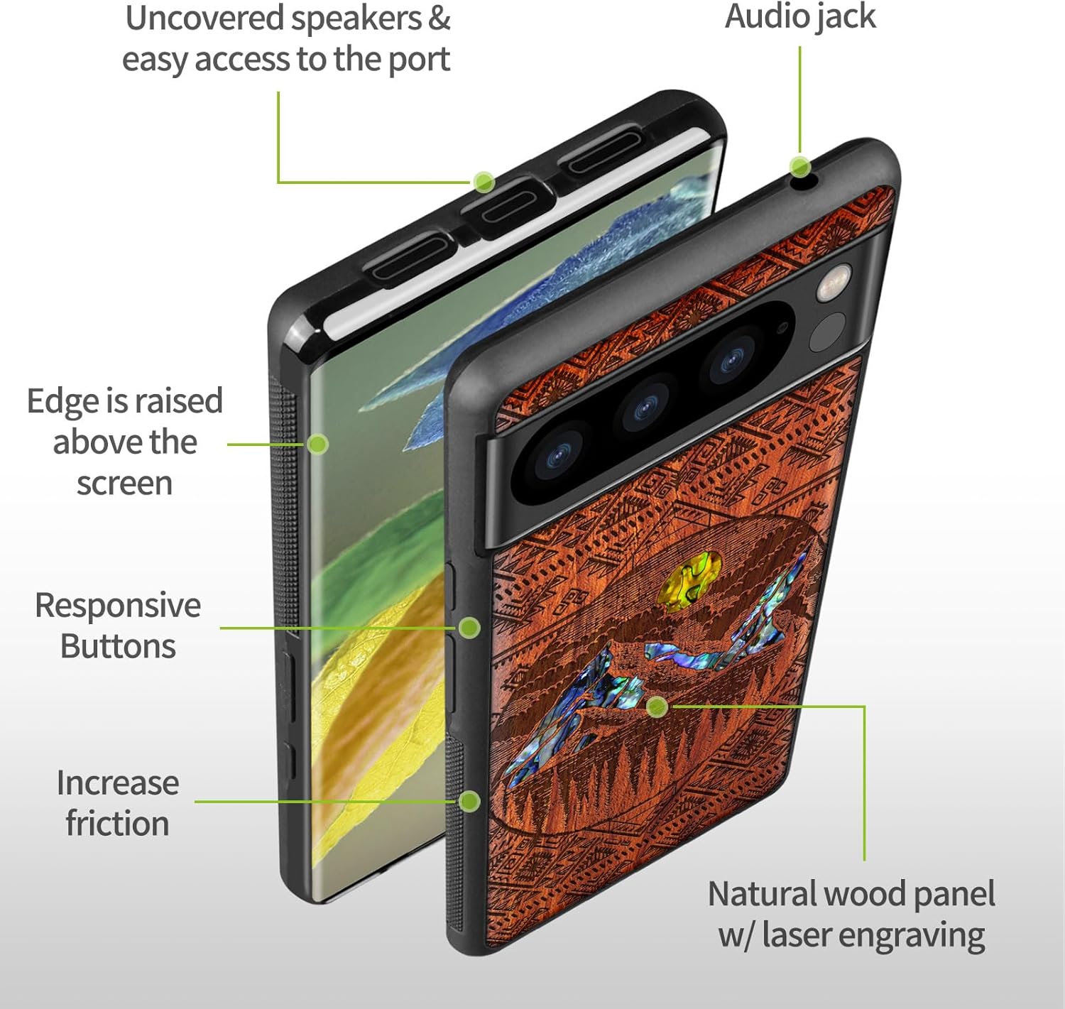 Carveit Designer Wooden Case for Google Pixel 8 Pro Case Cover [Wood Engraving & Shell Inlay] Compatible with Wireless Chargers Pixel 8 Pro (Aztec Alpine Lakes-Rosy)