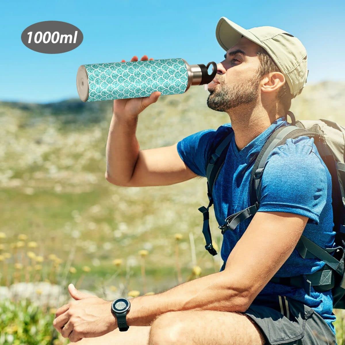 Edelstahl Wasserflasche mit Strohhalm, Glitzer Blaugrün Meerjungfrau Waage Muster Isolierte Trinkflasche Sport Wasserflasche für Kinder Erwachsene, auslaufsicher, 1L