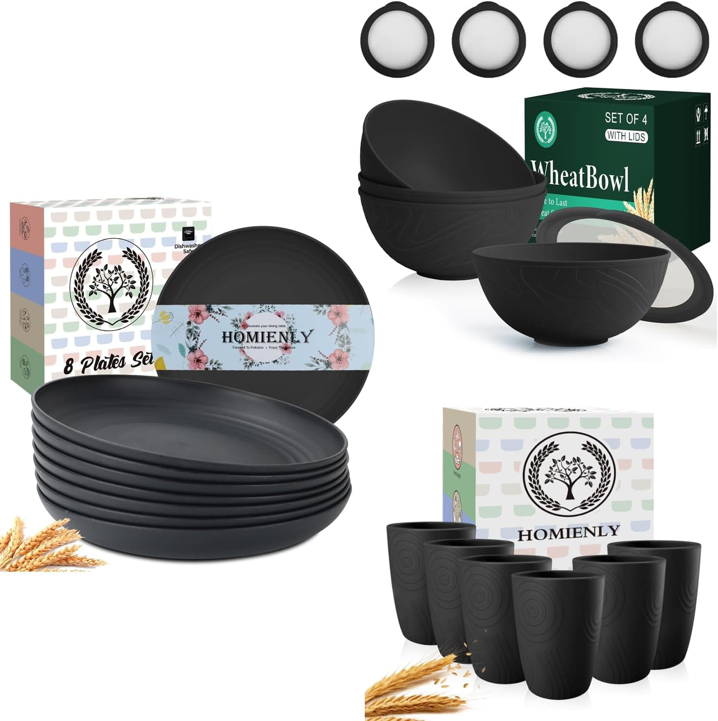 Homienly 18 PCS Premium Wheat Straw Dinnerware Sets, Reusable Plates and Bowls Sets for Kitchen, Lightweight and Unbreakable Dishwasher and Microwave Safe Dishes Set - Black
