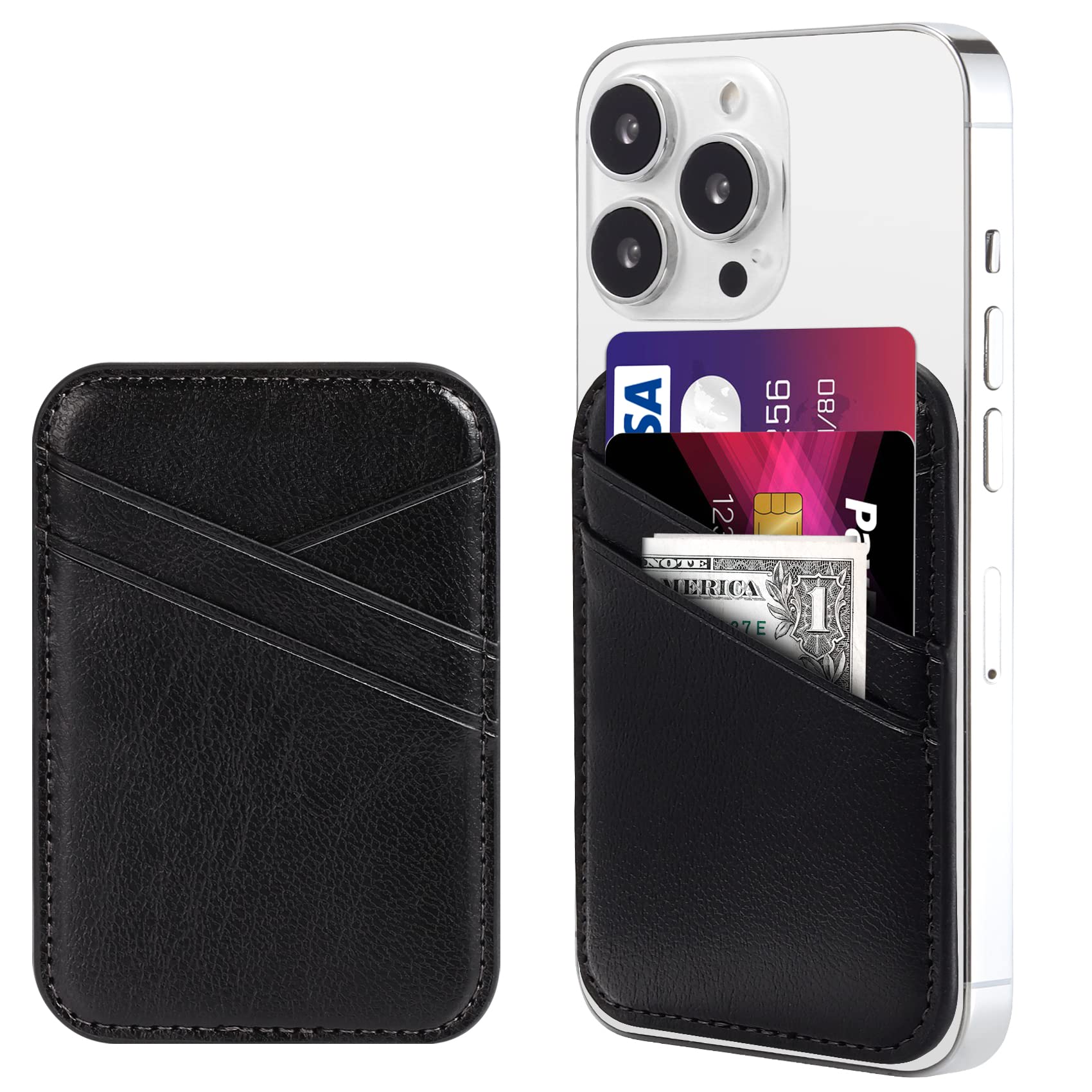 Miroddifor MagSafe Wallet, Magnetic Wallet Card Holder for iPhone 16/15/14/13/12 Series, 0.12” Invisible Ultra-Thin Magnetic Phone Wallet, 3 Card Slots, Fits 3 Cards, Crazy Horse Leather, Black