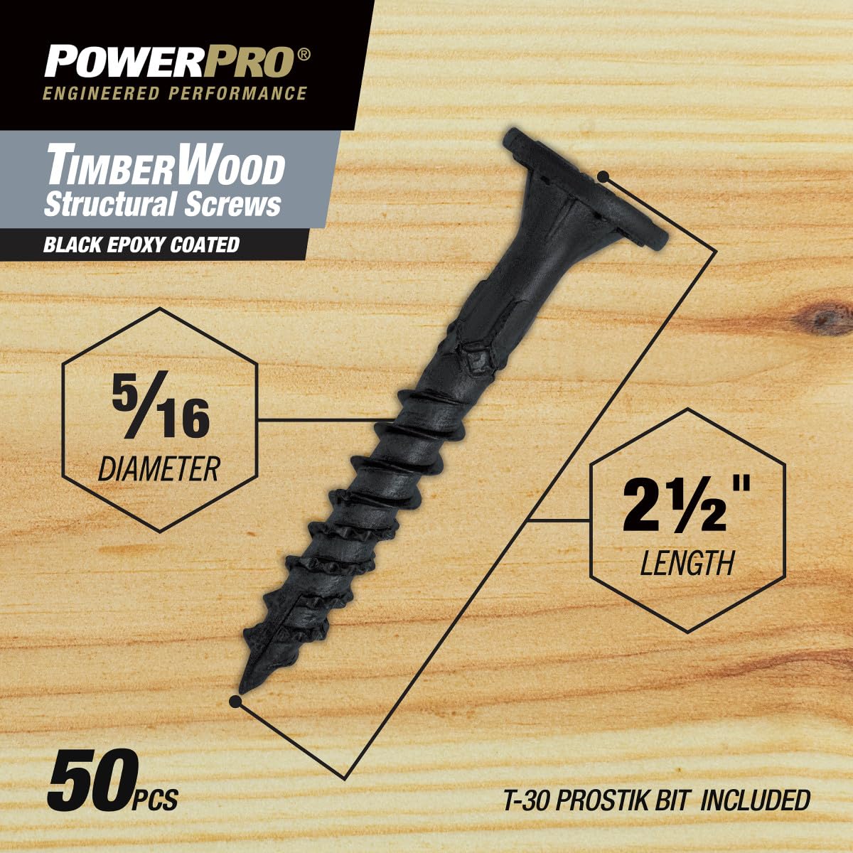 Power Pro 50 viti strutturali per legno placcato nero (5/16" x 2-1/2") | Viti per legno a testa piatta svasata | Elementi di fissaggio esterni multistrato rivestiti in resina epossidica