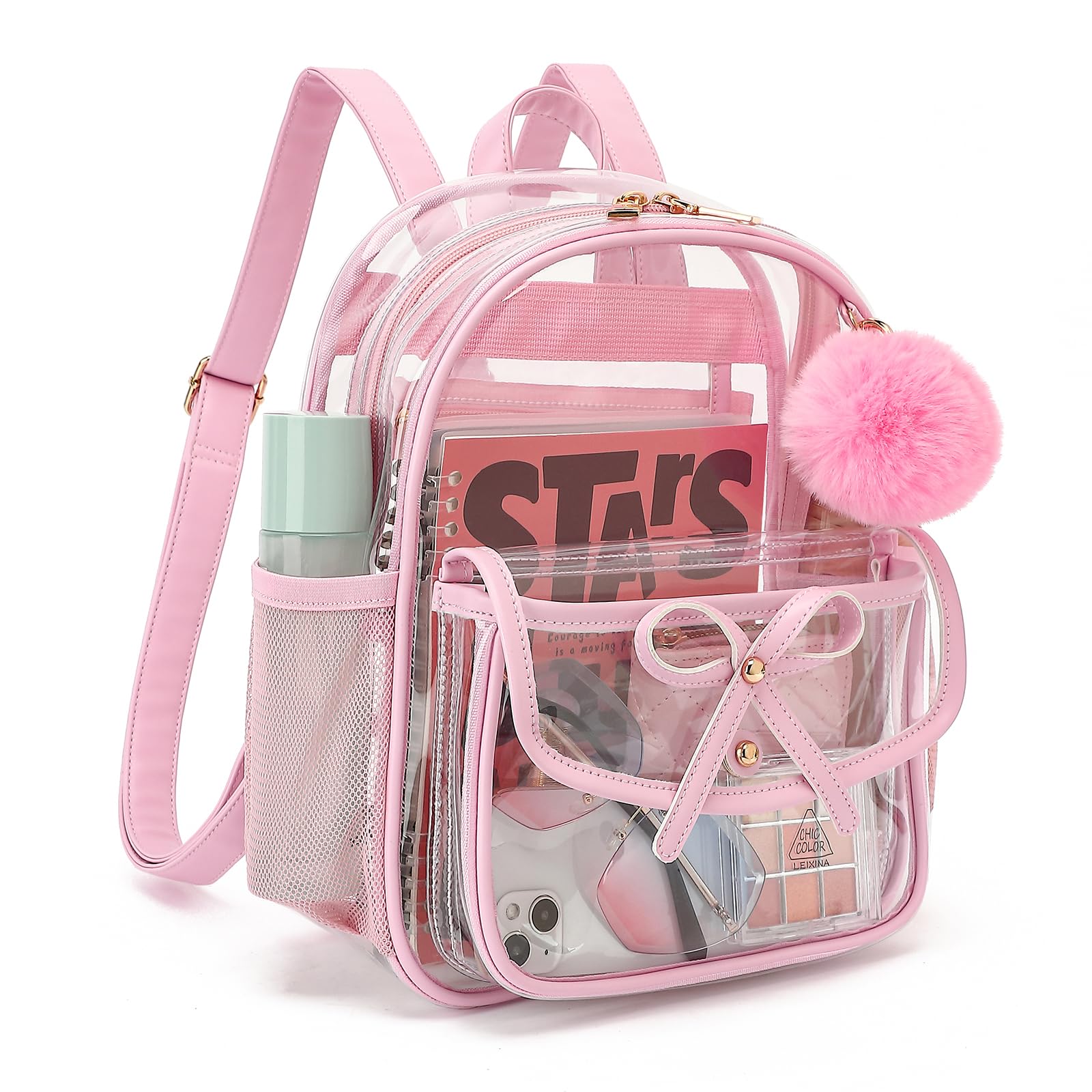 ASKSKY Clear Backpack for Stadium Events 12x12x6, Thick PVC Small Clear Bag with Leather Trim Fashion Women Backpack