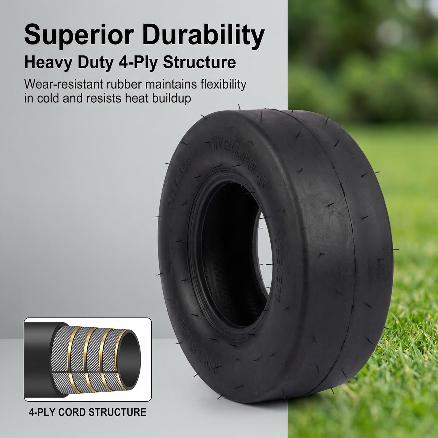 11x6.00-5 Heavy Duty Zero Turn Mower Tire, Tubeless Metal Construction, 570 lbs Load Capacity, Commercial Grade, Smooth Turf