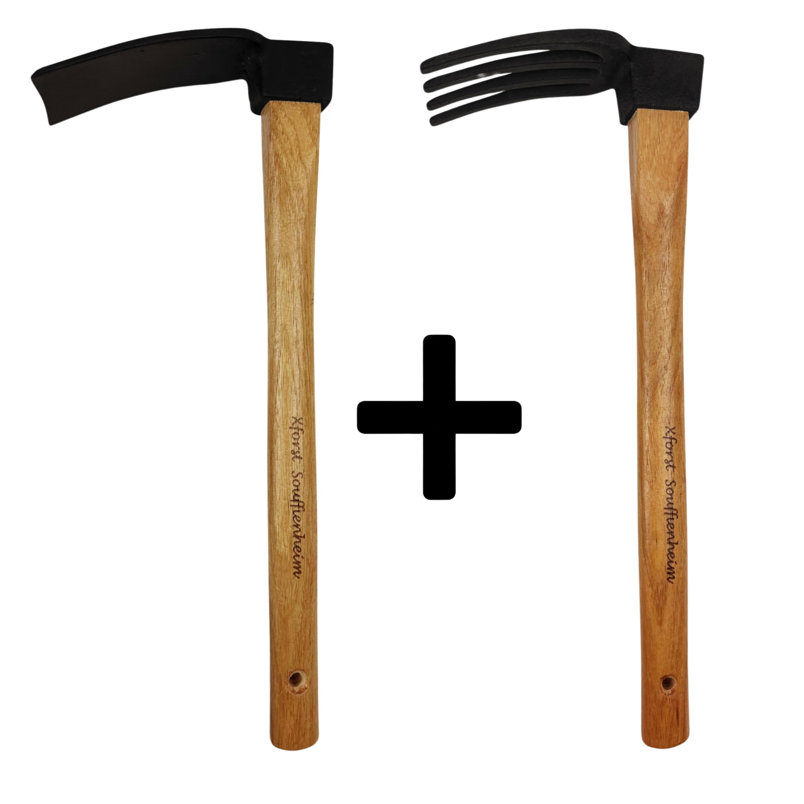 Xforst Ensemble d'outils de jardin à deux houes de jardin avec houe droite + houe à 4 dents avec manche en bois d'hickory et tête en acier forgé.