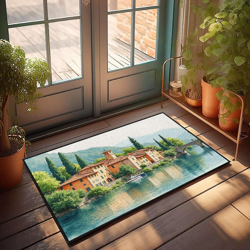 Paillasson extérieur village au bord de la rivière grand format