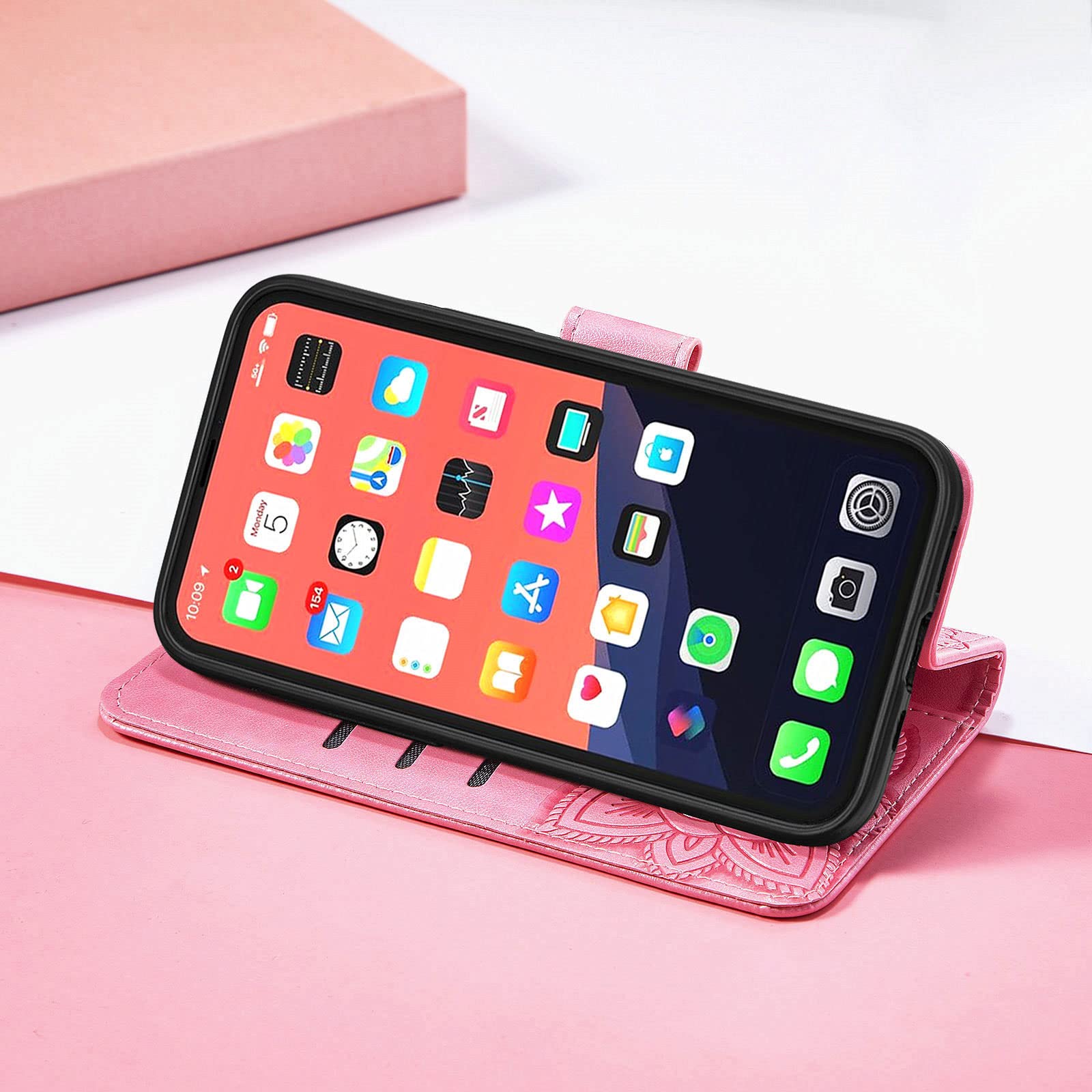 Etui na iPhone 14/14 Pro/14 Plus/14 Pro Max, autentyczna skórzana okładka portfelowa z wewnętrzną otoczką TPU, przegródka na karty, smukły pasek ochronny do flipowania, różowy, 14 Plus 6,7''