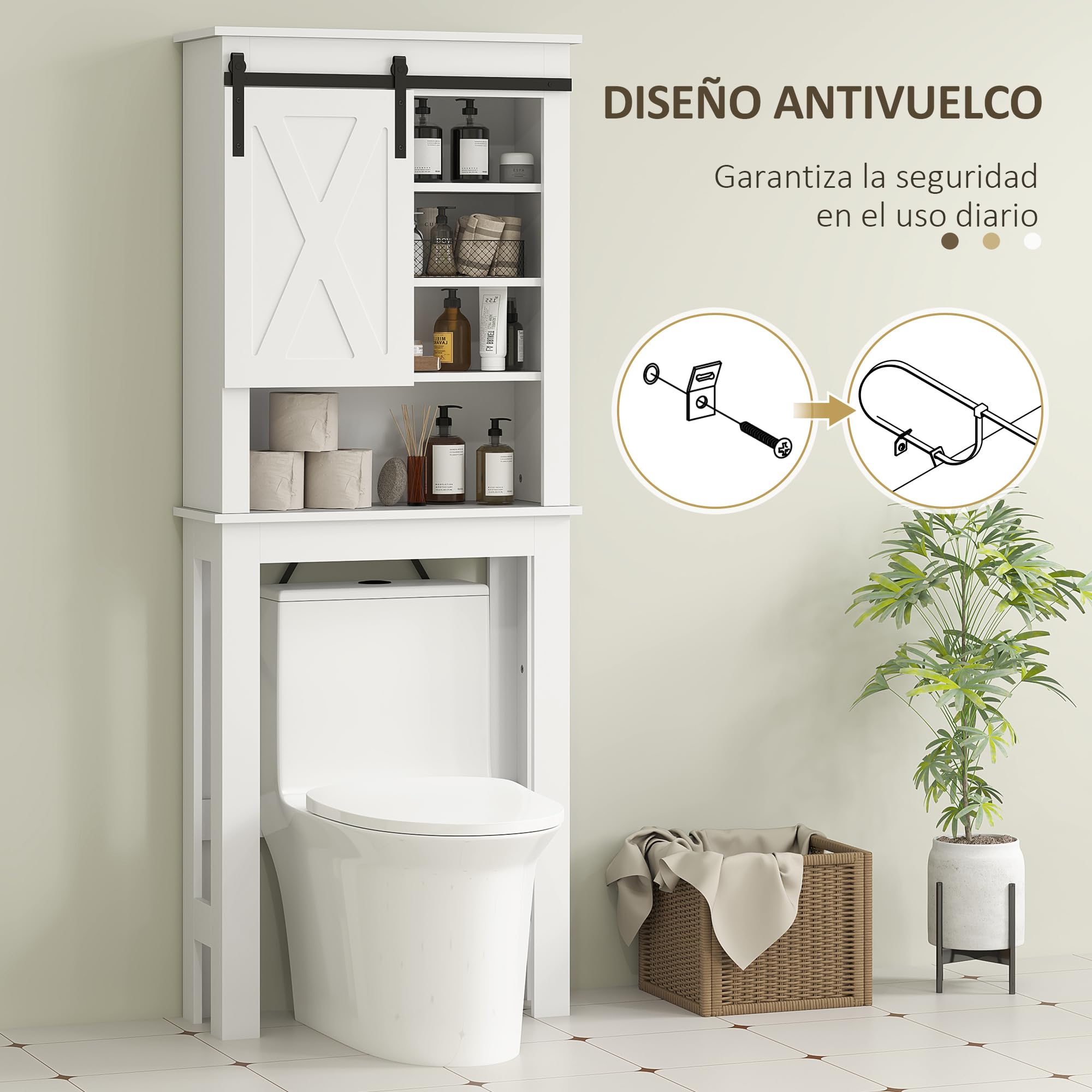 HOMCOM Mueble sobre Inodoro Armario sobre Inodoro con Puerta Corredera de Granero y 6 Compartimentos Mueble de Baño Rústico 67x25x172 cm Blanco