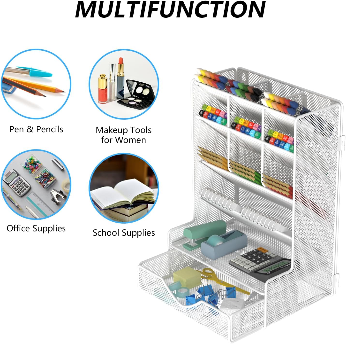 BOHDK Pen Organizer for Desk, Multi-Functional Desk Organizer, Wall Mount Pen Holder with Drawer for School, Office, Home, Art Supplies, White