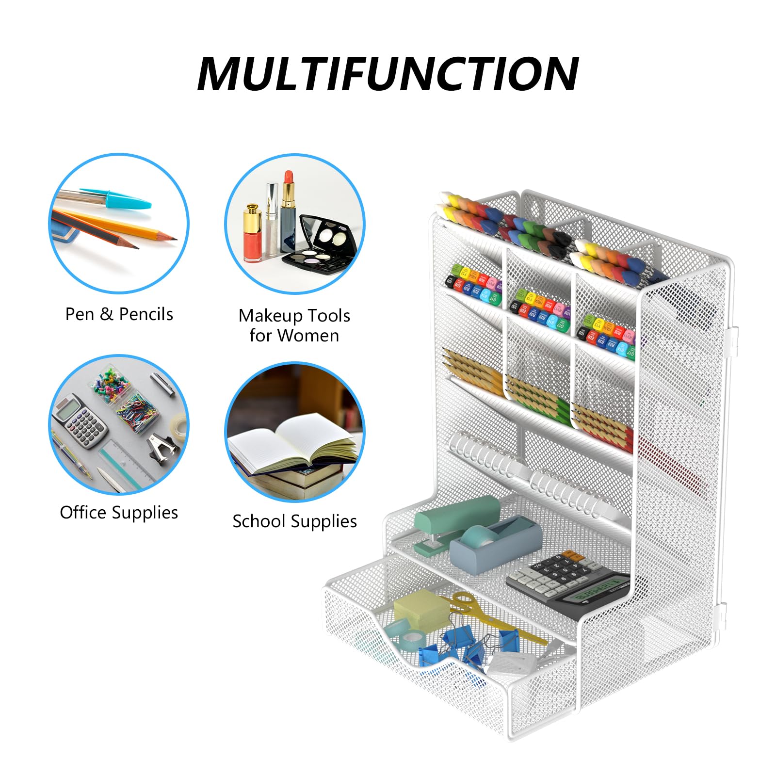BOHDK Organisateur de stylos pour bureau, organiseur de bureau multifonctionnel, support mural avec tiroir pour l'école, le bureau, la maison, fournitures artistiques, blanc