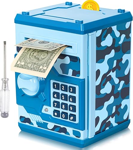 Vcertcpl Alcancía de cajero automático para niños y niñas, mini cajero automático caja de ahorro de dinero con contraseña, tarro de dinero seguro