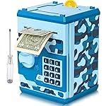 ATM Piggy Bank for Boys Girls, Vcertcpl Mini ATM Coin Bank Money Saving Box with Password, Kids Safe Money Jar for Adults with Auto Grab Bill Slot, Great Gift Toy Bank for Kids(Camouflage Blue)