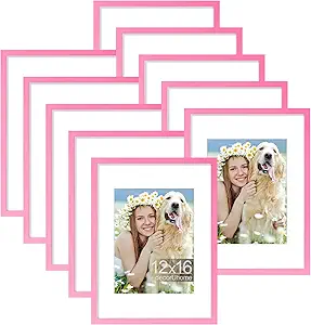 decorUhome 12x16 Picture Frame Set of 10, Display Photos 8.5x11 with Mat or 12x16 Unmatted for Picture Frames Collage Wall Decor, Pink