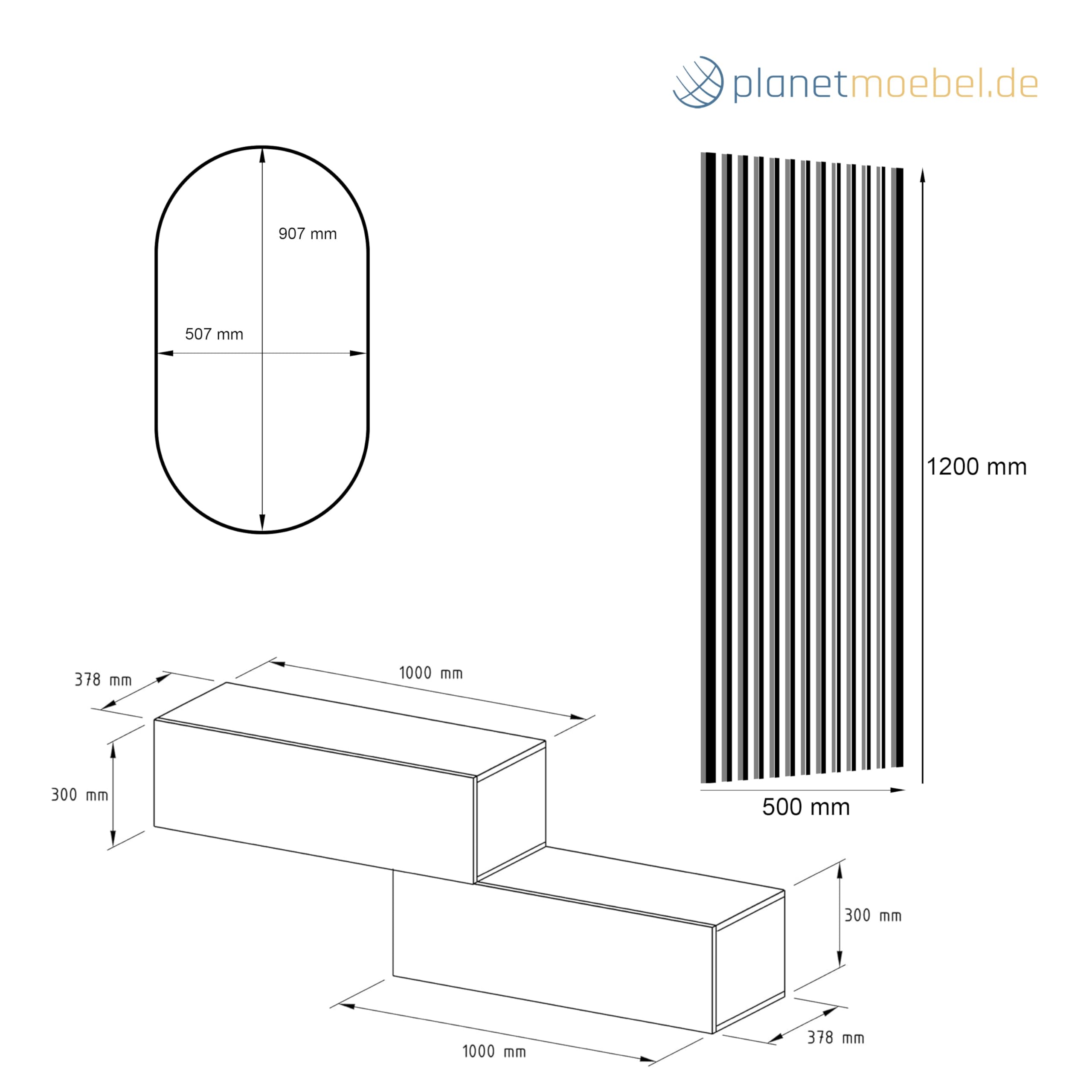 Planetmöbel - Mobile da ingresso, 2 x 100 cm, nero. pannello da parete 50 cm, rovere dorato/antracite, specchio da 50 cm (senza LED), 32,5 x 100 x 37,8 cm (A x L x P)