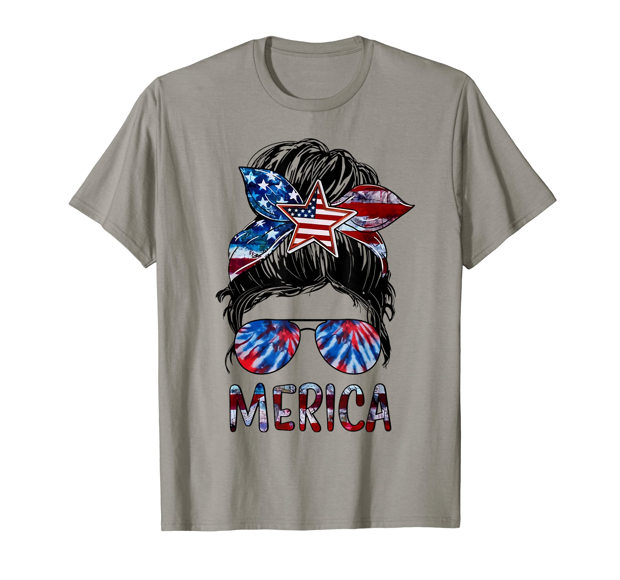 Merica 4th Of JulyMessy Bun American Flag Tie Dye Womens T-ShirtOEKO-TEX STANDARD 100