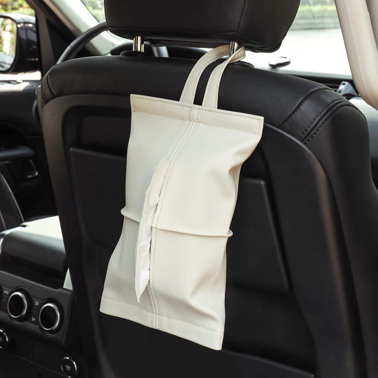 Car Tissue Holder - Tissue Holder for Car Hanging Tissue Box Cover Leather Napkin Holder for Backseat Side Tissue Dispenser Car Accessories (B-Cream)