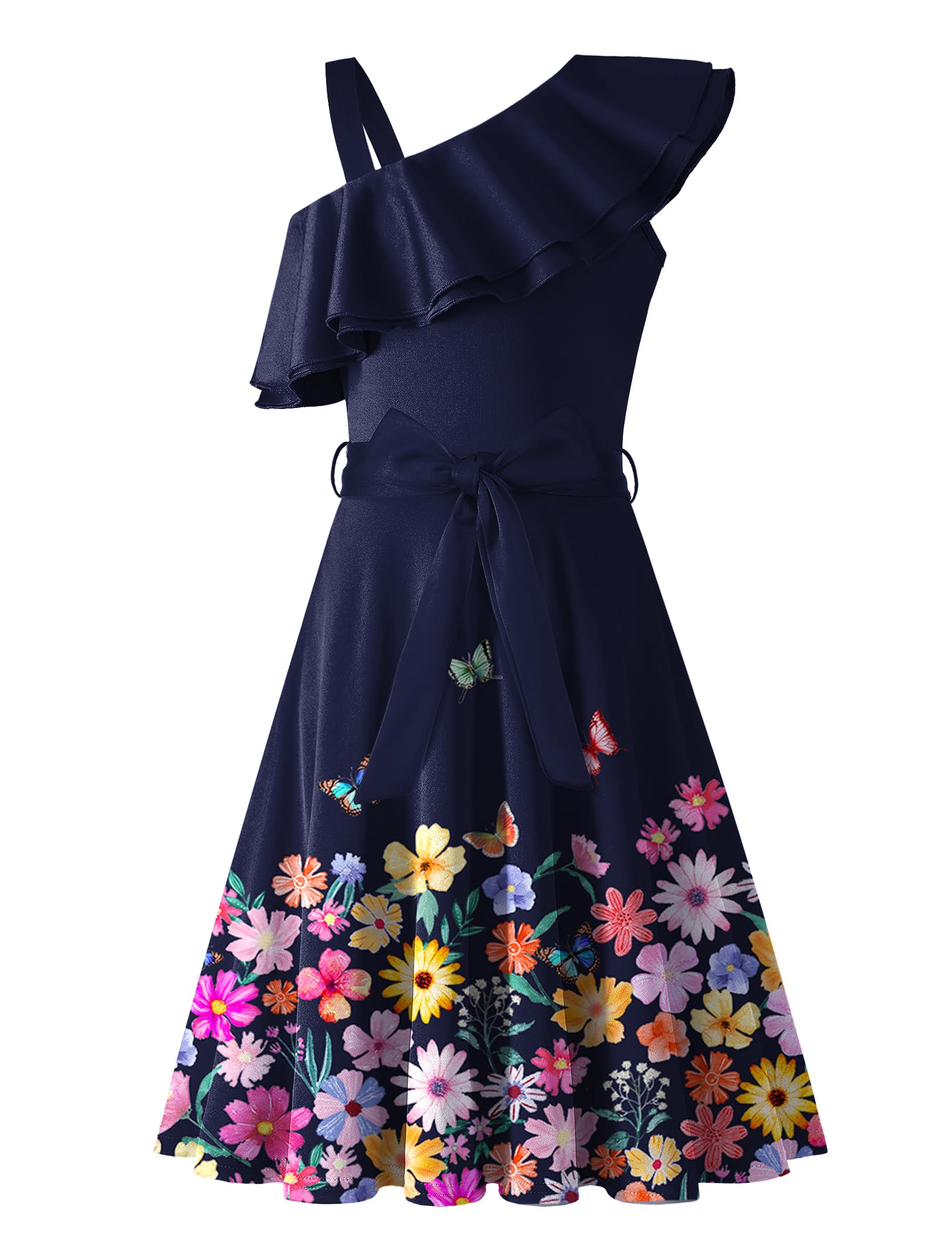 Arshiner Girls Dress One Shoulder Formal Ruffle Trim Birthday Party Dresses with Belted Pockets for 5-12 Years