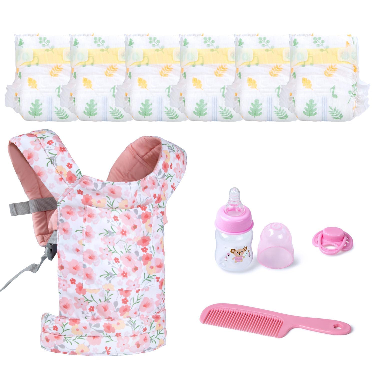 Reborn Babypuppenzubehör mit Tragetasche und Fütterungszubehör für 43,2 - 50,8 - 55,9 cm große Babydoll/Stofftiere, Blumen-Babypuppentrage für kleine Mädchen, Kleinkinder, 10 Stück