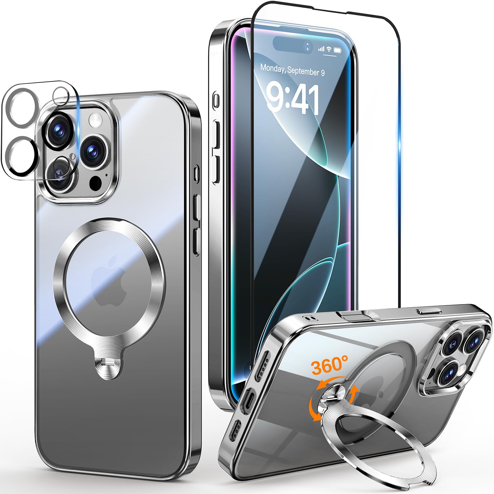 Photo 1 of [Tri-Shield Protection] for iPhone 16 Pro Case with 360° Spin Stand Compatible with MagSafe [Magnetic CD Ring][Screen & Camera Lens Protector] Shockproof Plating Never-Yellowing, Natural Titanium-6.3"