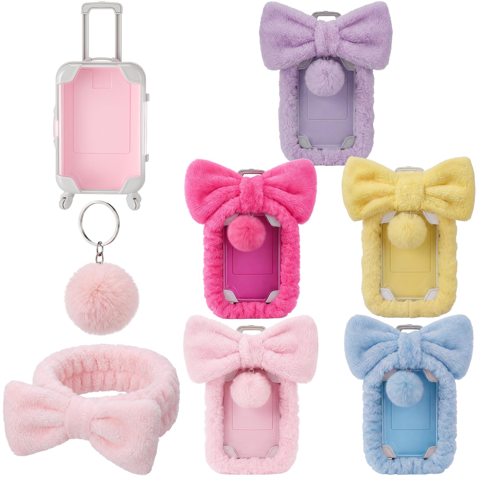 15 Pcs Mini Empty Suitcase Storage Box with Plush Ball Keychain Headband Clear Candy Luggage Storage Containers Suitcase Packaging Case for Wedding Birthday Bridal Party (Multicolor)