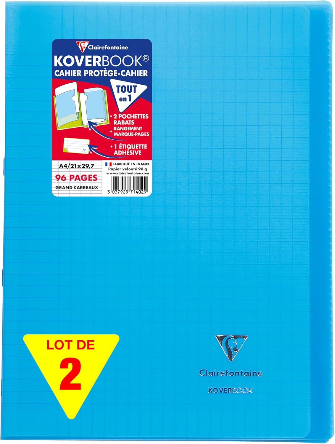 Clairefontaine 971402AMZC - Set of 2 Blue Koverbook Stapled Notebooks - Dimensions: A4 21x29.7 cm - 96 Seyes Ruled Pages - White Paper 90 g - Polypro Cover