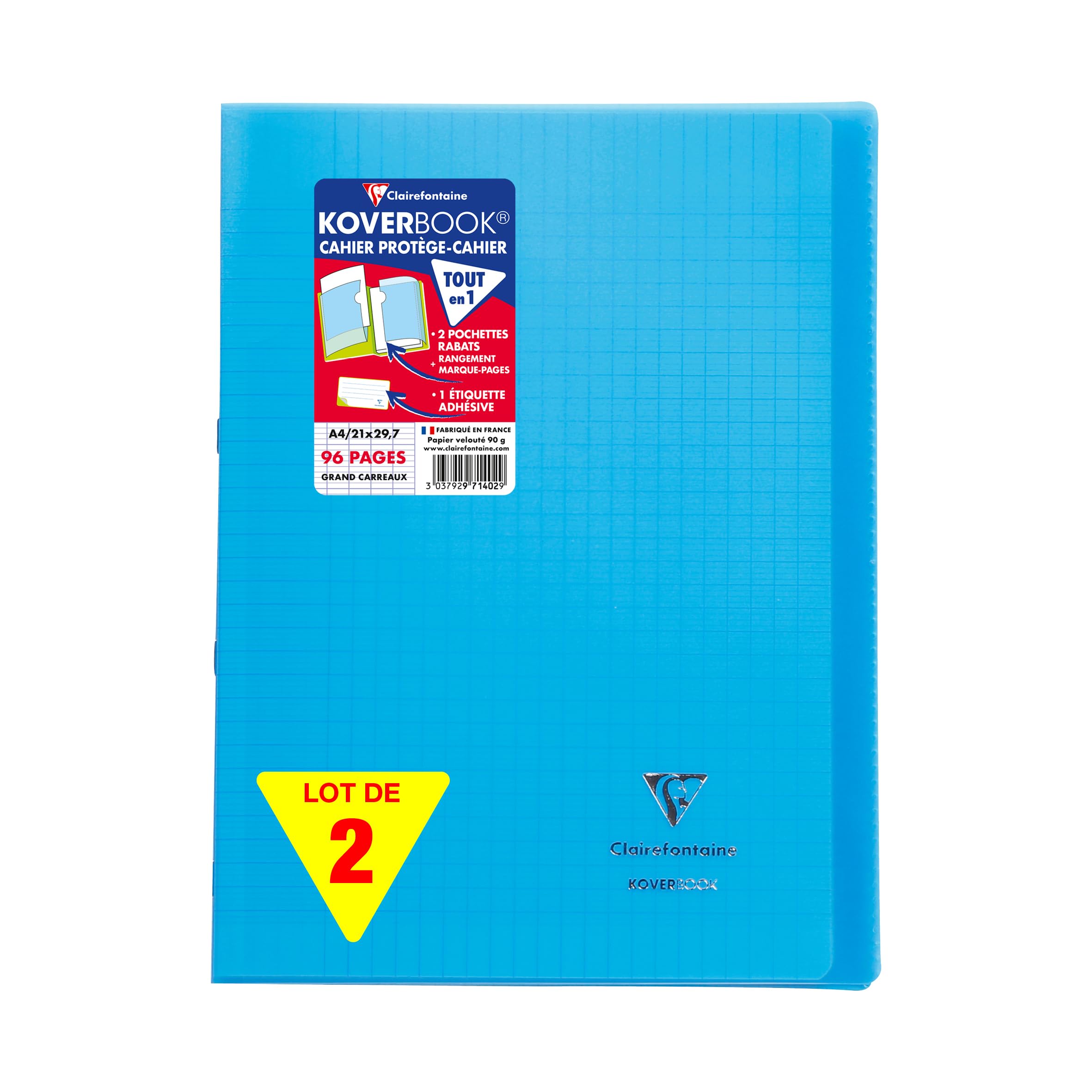 Clairefontaine 971402AMZC - Set of 2 Blue Koverbook Stapled Notebooks - Dimensions: A4 21x29.7 cm - 96 Seyes Ruled Pages - White Paper 90 g - Polypro Cover