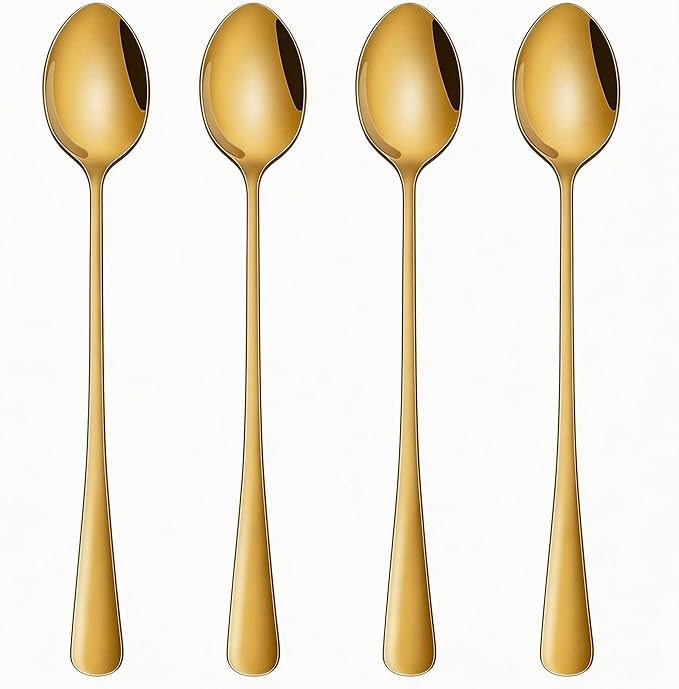 Long Iced Tea Spoons Set of 4, 7.7 Inch Gold Stainless Steel Pointed Stirring Spoons for Tall Glasses, Coffee, Cocktails & Dessert, Heavy Duty & Dishwasher Safe, Mirror Polished