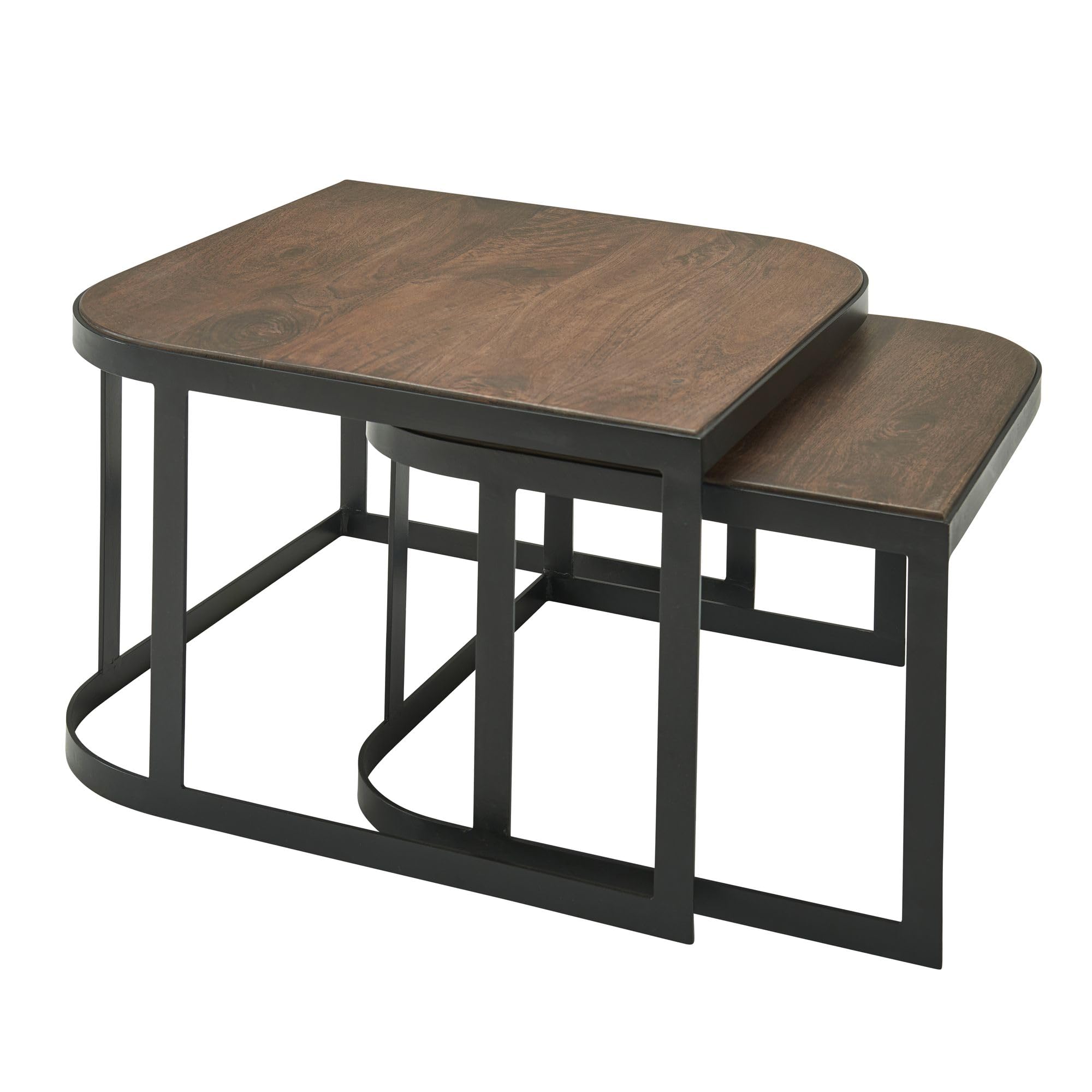 FineBuy Couchtisch 2er Set Mango Massivholz/Metall Wohnzimmertisch Dunkelbraun, Industrial Satztisch Beistelltisch Metallbeine Schwarz, Tischset 2-teilig Satztisch Holz