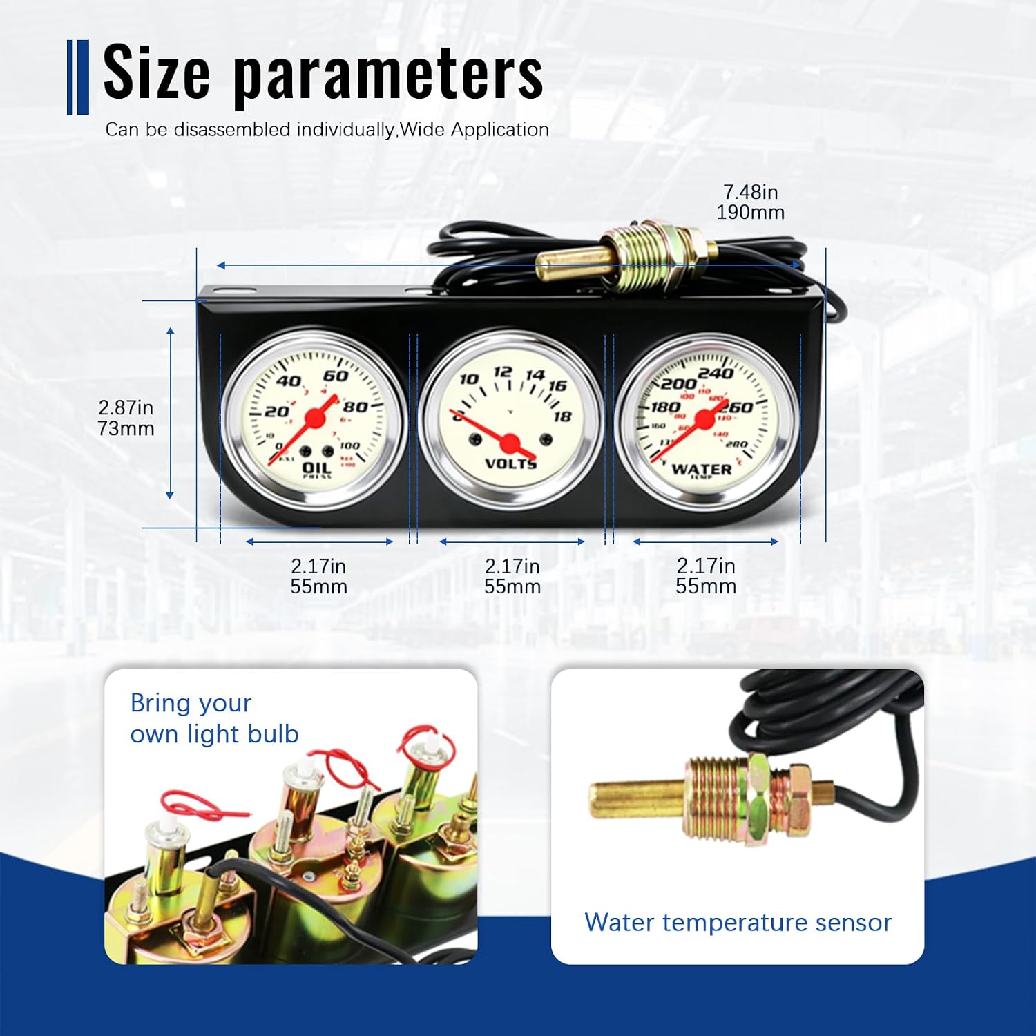 2" 52mm 3-in-1 Triple Gauge Set, 0-100 PSI Oil Pressure Gauge, 8V-18V Volt Gauge, 130-280°F Water Temp Gauge, Auto Triple Gauge Kit for Car, Truck & Pickup (Black)