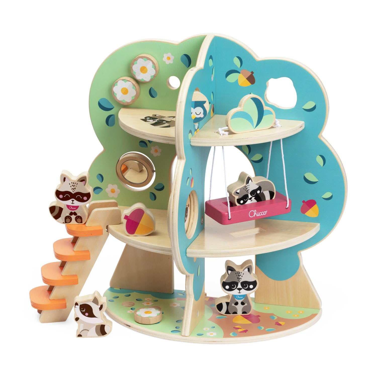 Chicco Playset in Legno, Albero dei Procioni, Gioco Montessoriano, 4 Personaggi Esclusivi, Playset 34 cm di Altezza su Due Piani, Gioco Bambina e Bambino 2+ Anni, Idea Regalo