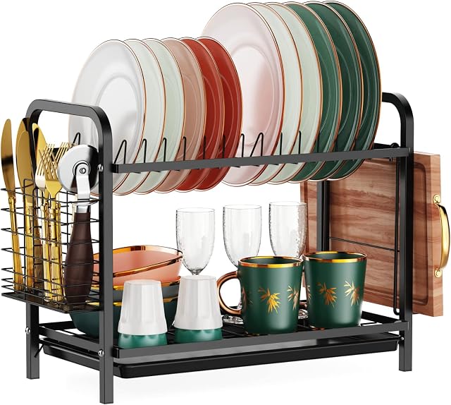 iSPECLE 2 Tier Dish Drainer, Dish Drying Rack with with Drip Tray, Sink Draining Board with Utensil Cutting & Board Holder for Kitchen Counter(Black Square)