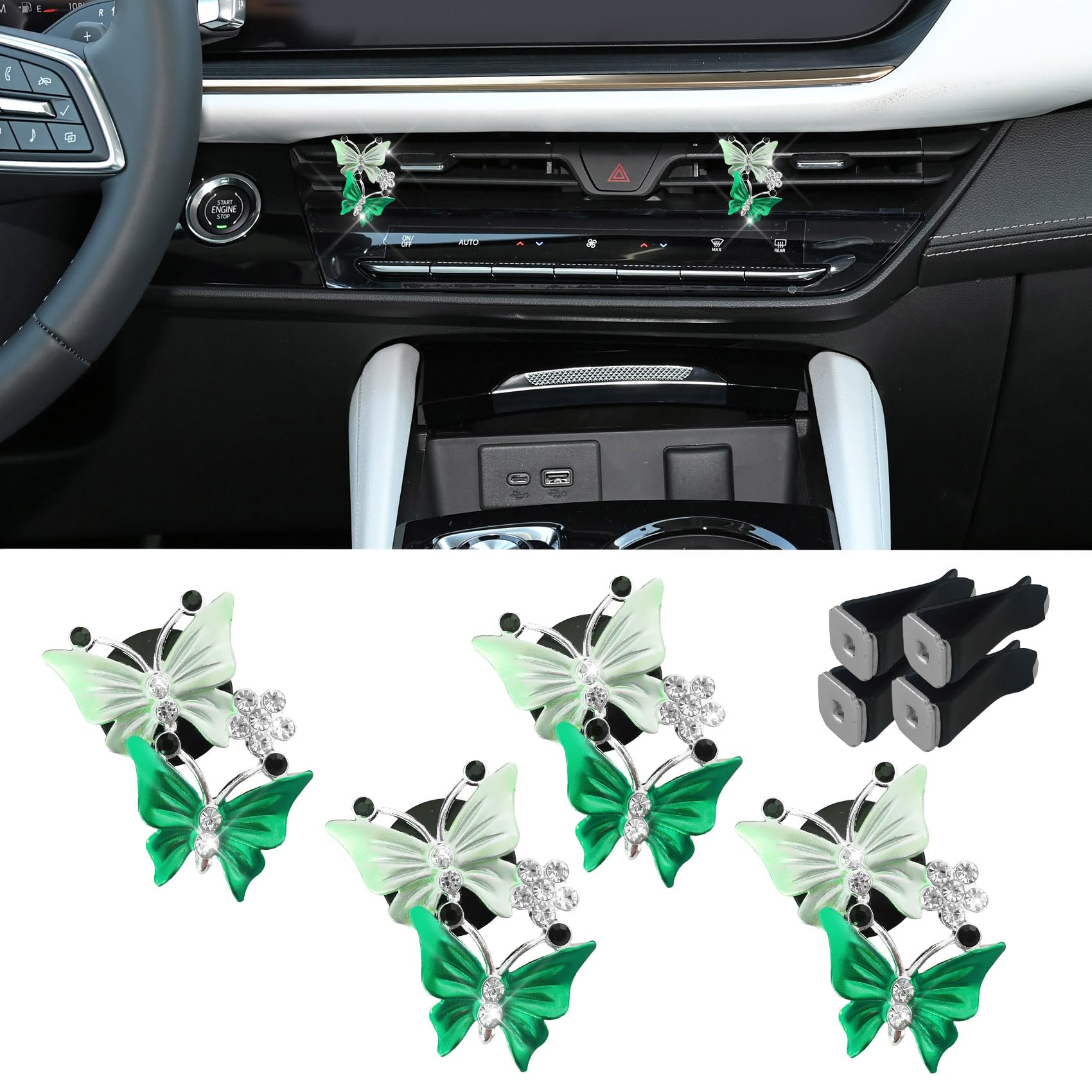4PCS Car Air Fresheners Vent Clips, Butterfly Car Accessories, Sparkly Bling Dual Butterfly Auto Air Vent Clips, Automotive Cute Air Conditioning Outlet Decoration Universal for Women Girl