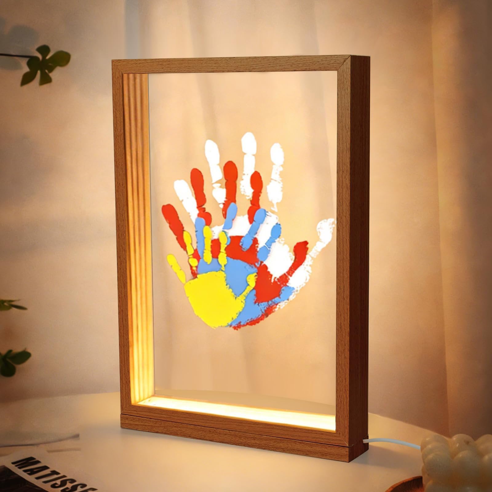 Marco de fotos con luz LED cálida y pantalla alimentada por USB para recuerdos familiares, decoración del hogar, marco de fotos con huella de mano, LED USB