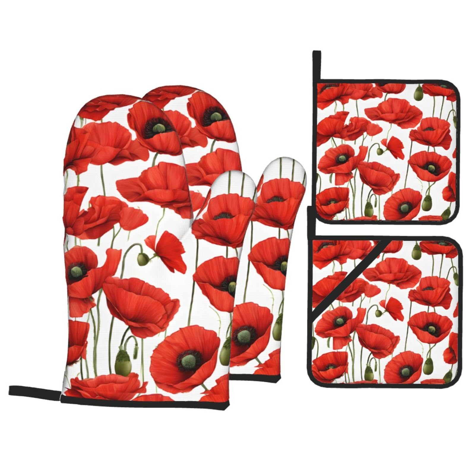 Red Poppy Flowerprint Oven Mitts And Pot Holders Sets Heat Resistant Kitchen Gloves With Pot Holders, 2 Gloves 2 Potholders For Cooking, Baking, Grilling And Oven Use