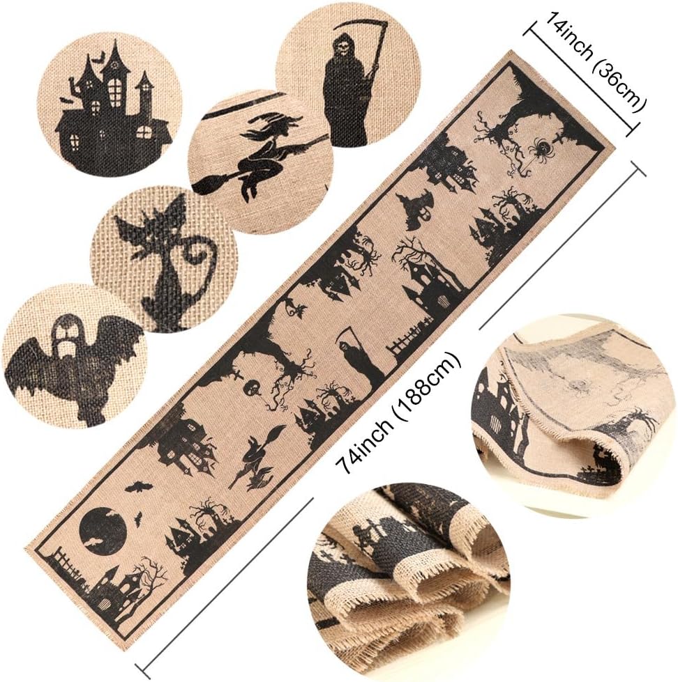 AerWo 14 x 74 Inch Halloween Burlap Table Runner, Black Spider Tassel Tablecloth for Halloween Party, Dinner Parties and Home Decorations