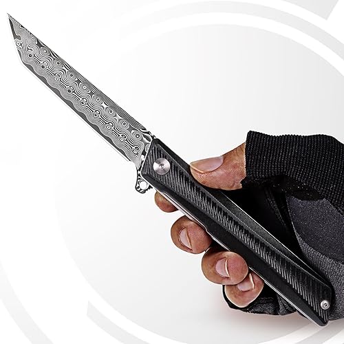 Vista 29 de REMETTE Cuchillo de bolsillo GD22K, Flipper Open D2 Steel Tanto plegable con mango G10 duradero, cuchillo EDC de transporte diario para hombres