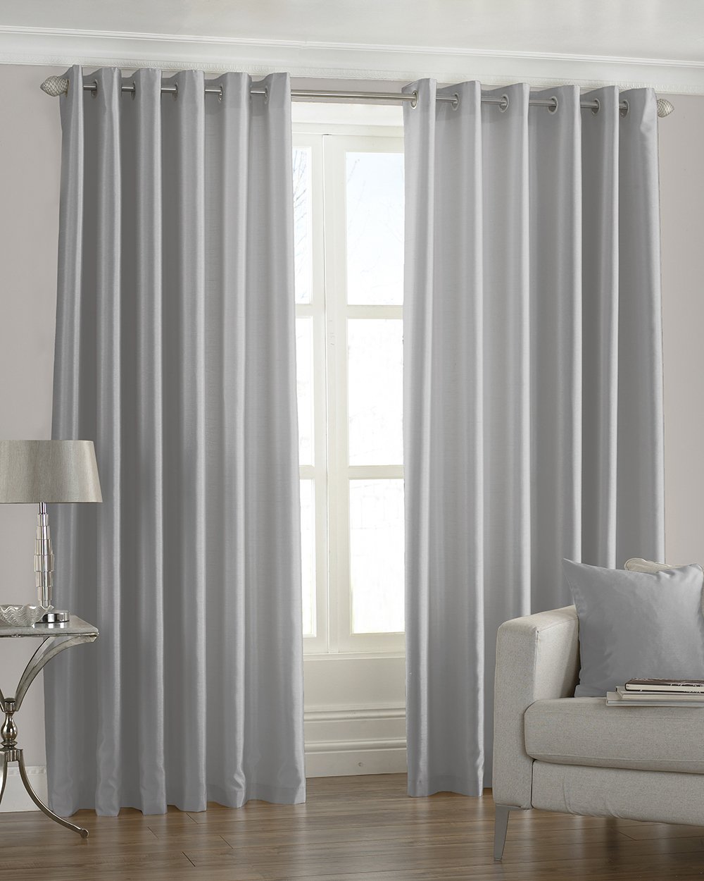 Riva Paoletti Fiji Ringtop Eyelet Curtains (Pair) - Steel Silver - Faux Silk - Ready Made - Semi Sheer - 100% Polyester - 117cm width x 137cm drop (46" x 54" inches) - Designed in the UK