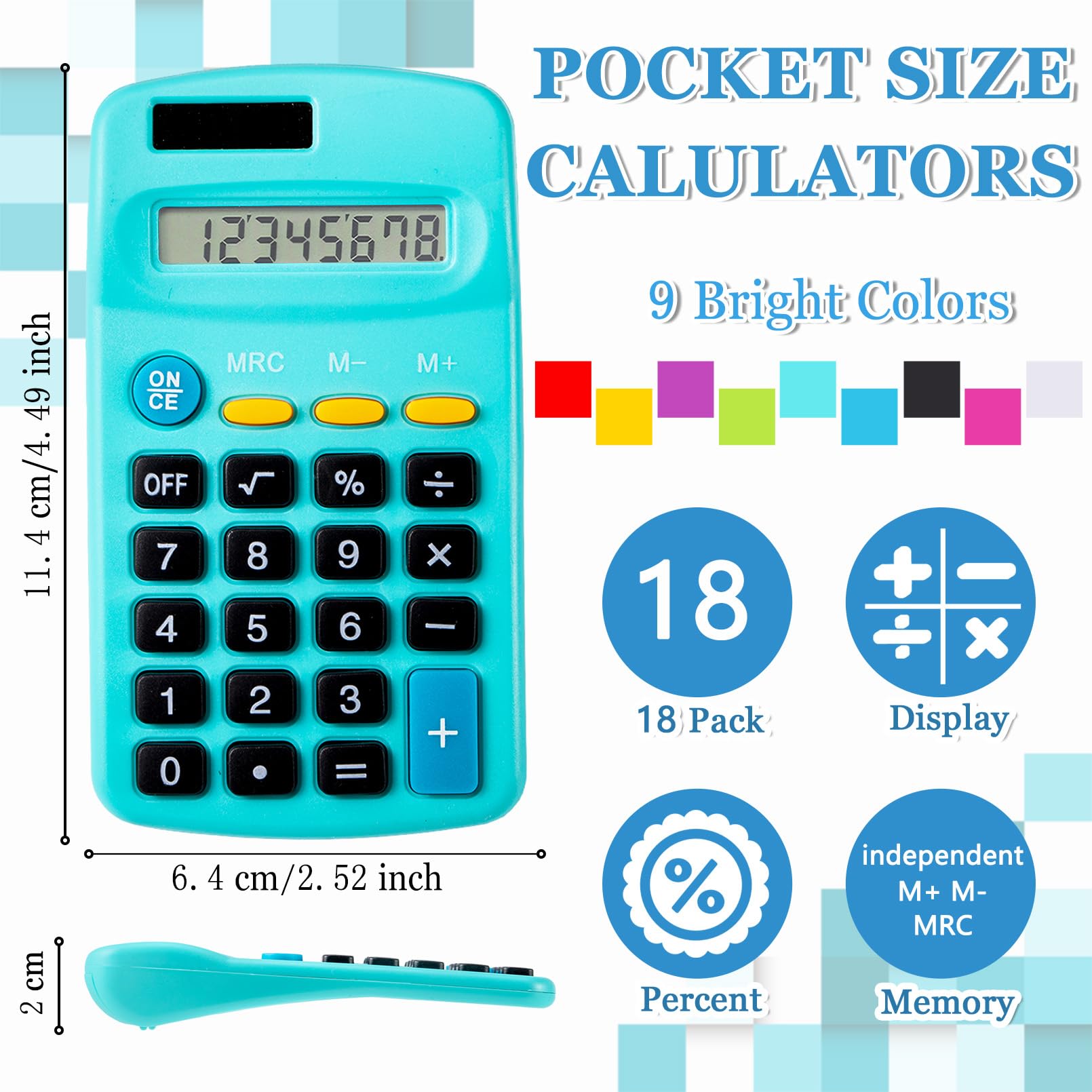 Mini calculadoras de tamaño de bolsillo, paquete de 18 baterías solares, calculadora de doble función de alimentación, pantalla de 8 dígitos, calculadora básica para estudiantes, niños,