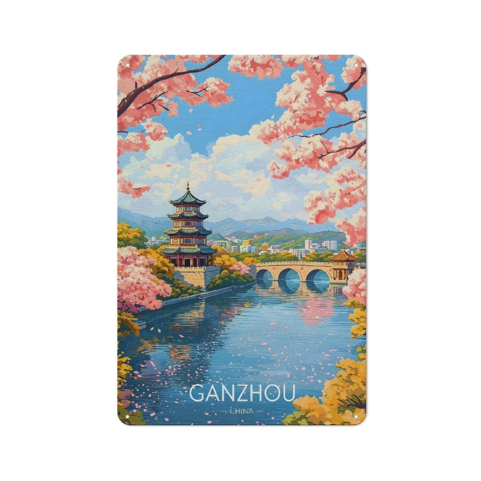 Junmoney Style-9 Ganzhou China Cherry Blossom River Scene Retro Metal Sign 30X20cm For Garage Or Workshop, With Clear Retro Wall Decor Character